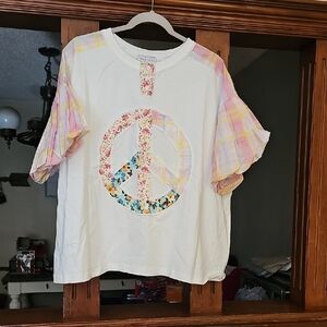 White Tee with Floral Peace Sign and Plaid Sleeves
